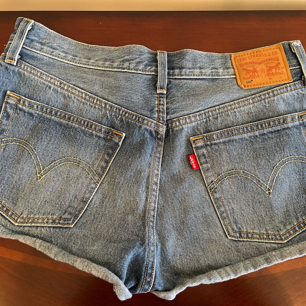 Levi's Button Fly Blue Classic Distressed Shorts with Raw Hem